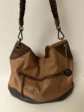 The Sak Indio Soft Leather Two Tone Brown Hobo Slouch Shoulder Bag Braided Strap