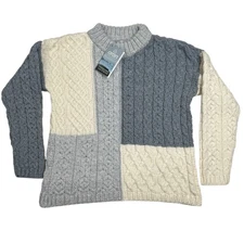 Aran Woolen Mills Merino Wool Crew Neck Sweater Patch Work Soft Cable Sz Small