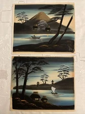 Vintage Pair of Asian Themed SILK SCREEN on Canvas / Board Prints Stunning Blues