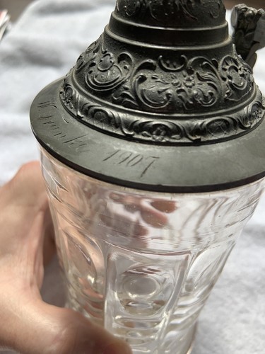 Vintage Beer German Stein Sachsen Saxon Glass S Crown Hallmark Pewter 0.5 Liters - Picture 13 of 14