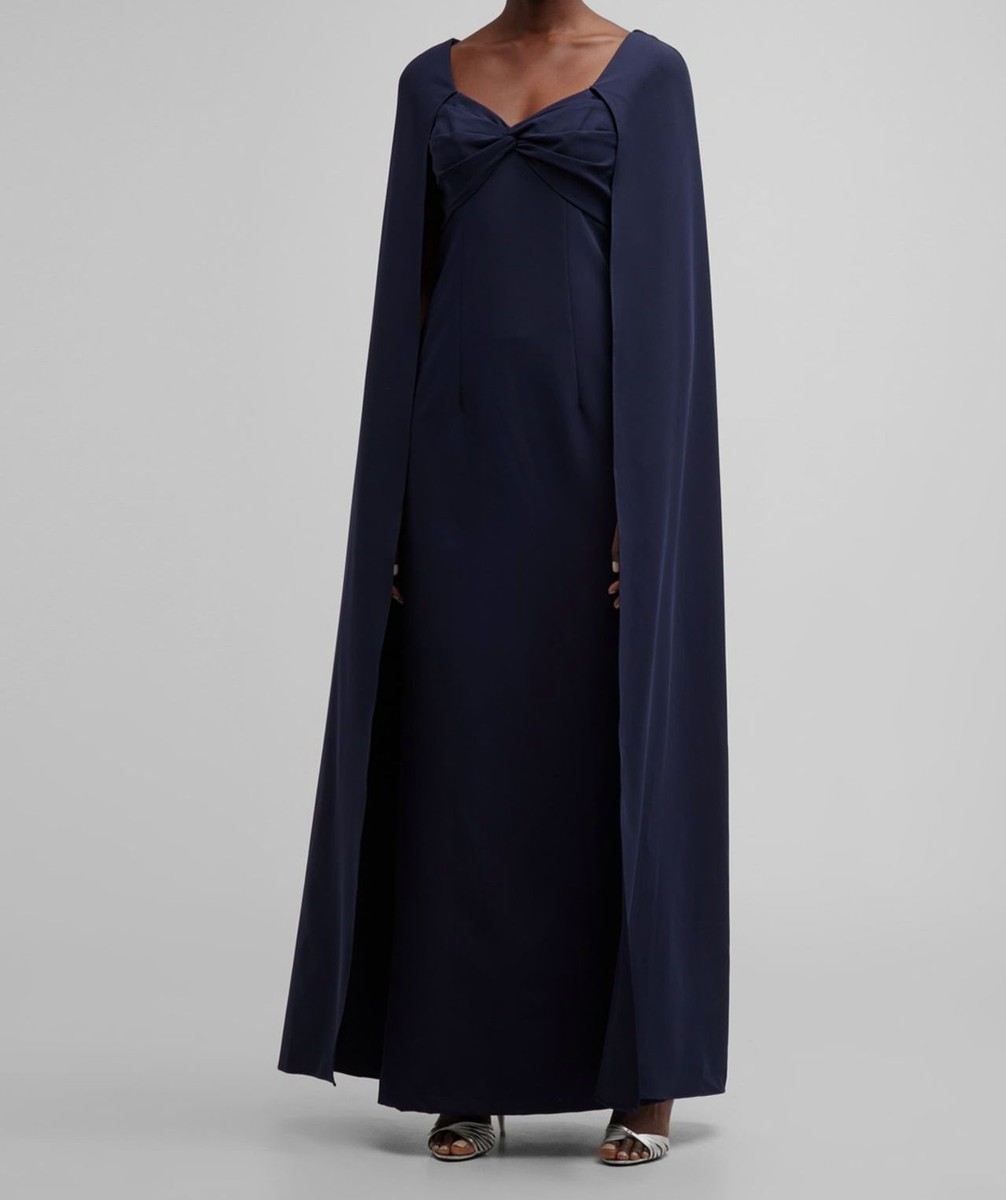 $795 Marchesa Notte Women's Blue Twist-Front Sweetheart Cape Gown Dress Size 12