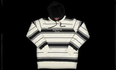BRAND NEW FW16 SUPREME STRIPED HOODED CREWNECK BLACK L XL HOODED 