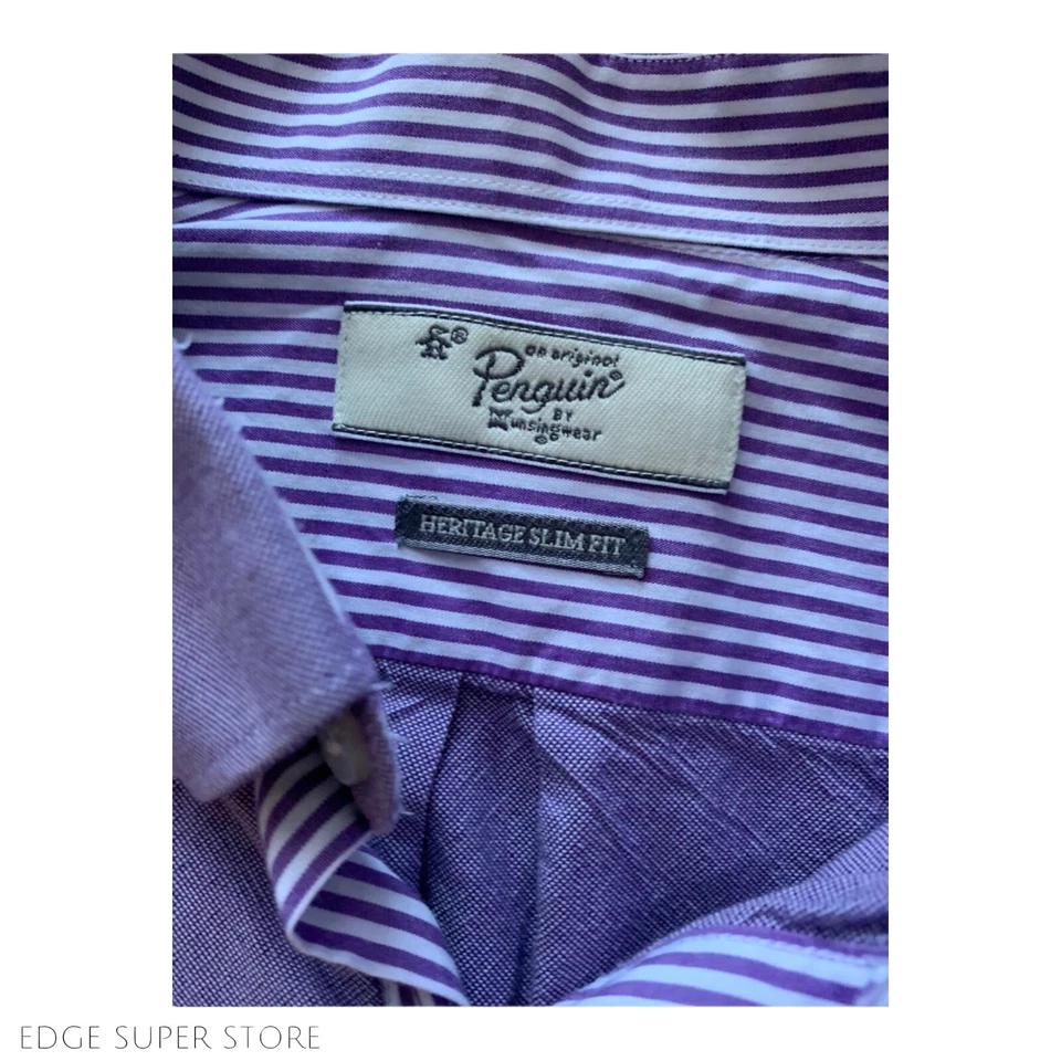 Camisa de Vestir Pingüino Púrpura Rayas Bordeado Abotonada Calce Ajustado Algodón Talla 16 32/33 Foto 4 de 4