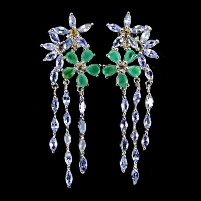 Boucles D'oreilles Argent 925 Avec Aigue-marine, émeraude, Tanzanite - Gemmes Naturelles