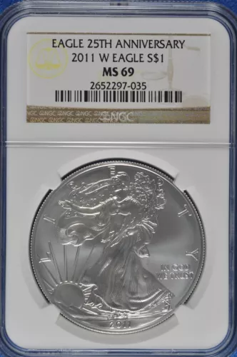 2011 W Burnished 1 OZ Silver American Eagle NGC MS 69 25th Anniversary 