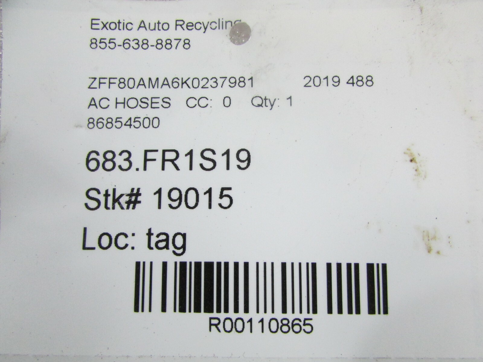 Ferrari 488, AC Compressor Return Hose, Used, P/N 86854500