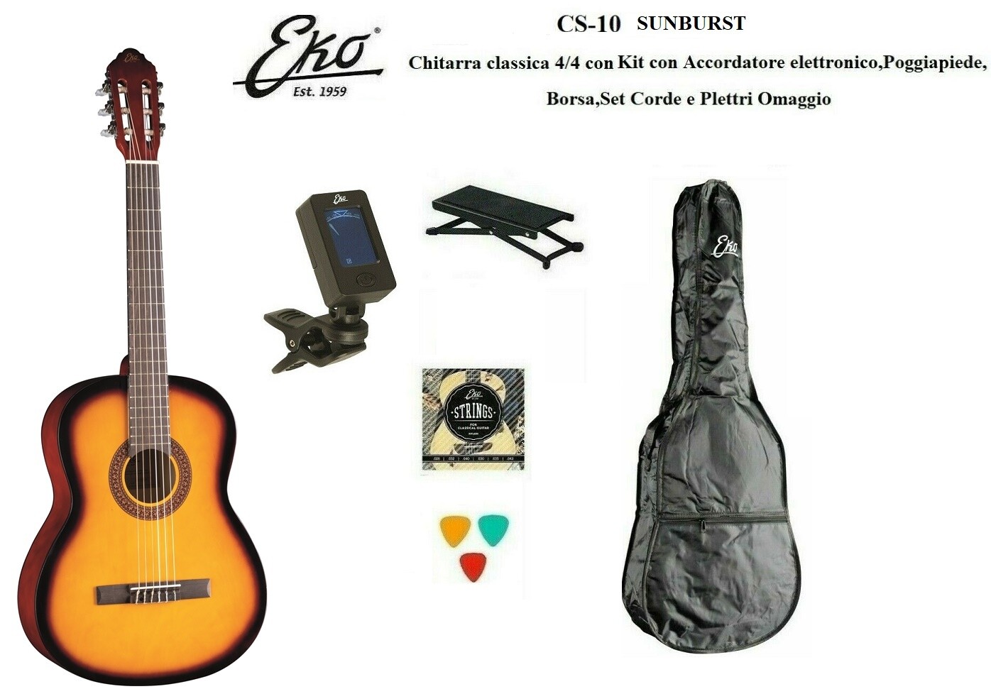 EKO CS10 SUNBURST Chitarra Classica 4/4 KIT ACCORDATORE BORSA POGGIAPIEDE CORDE