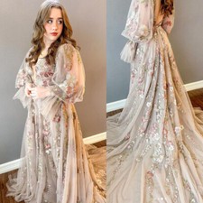 Elegant Bohemian Long Sleeve Wedding Dress Deep V Neck Vintage Train Bridal Gown