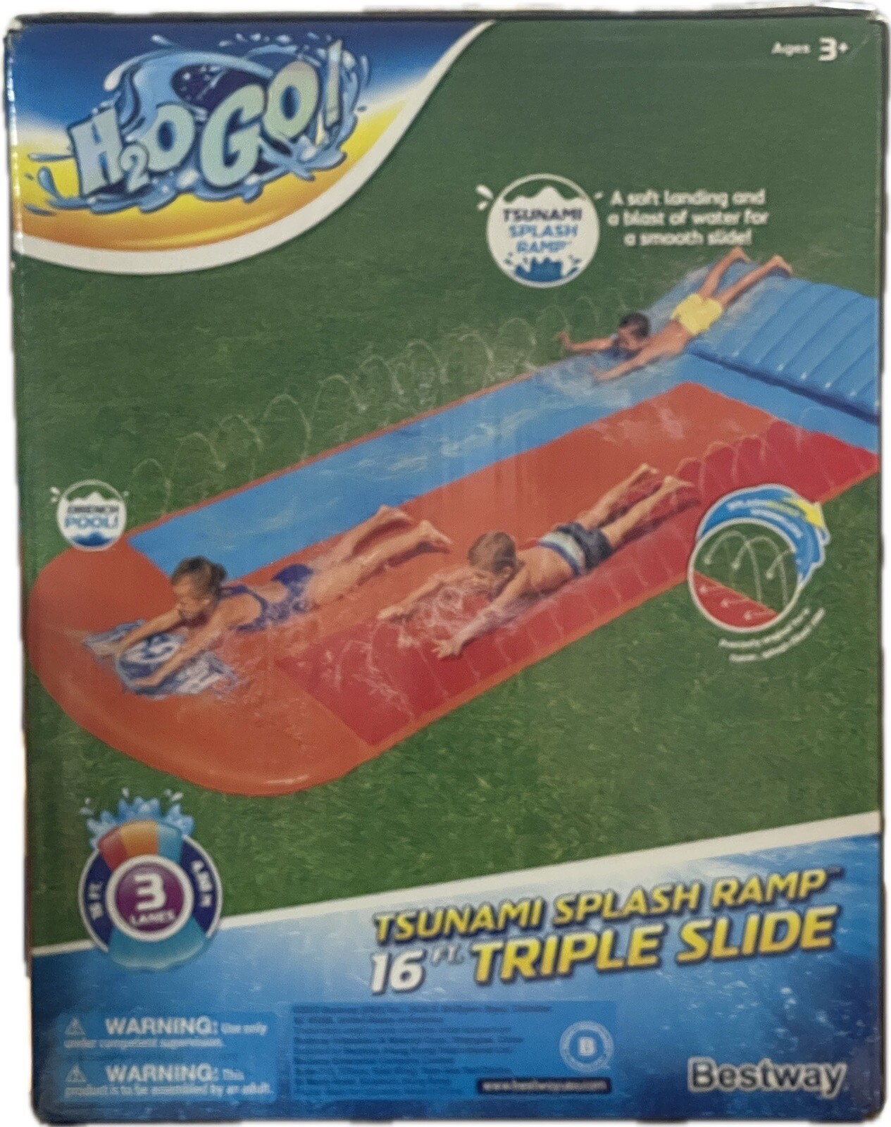 NIB H2OGO! Triple Water Slide with Tsunami Splash Ramp 16'-3 Lanes!