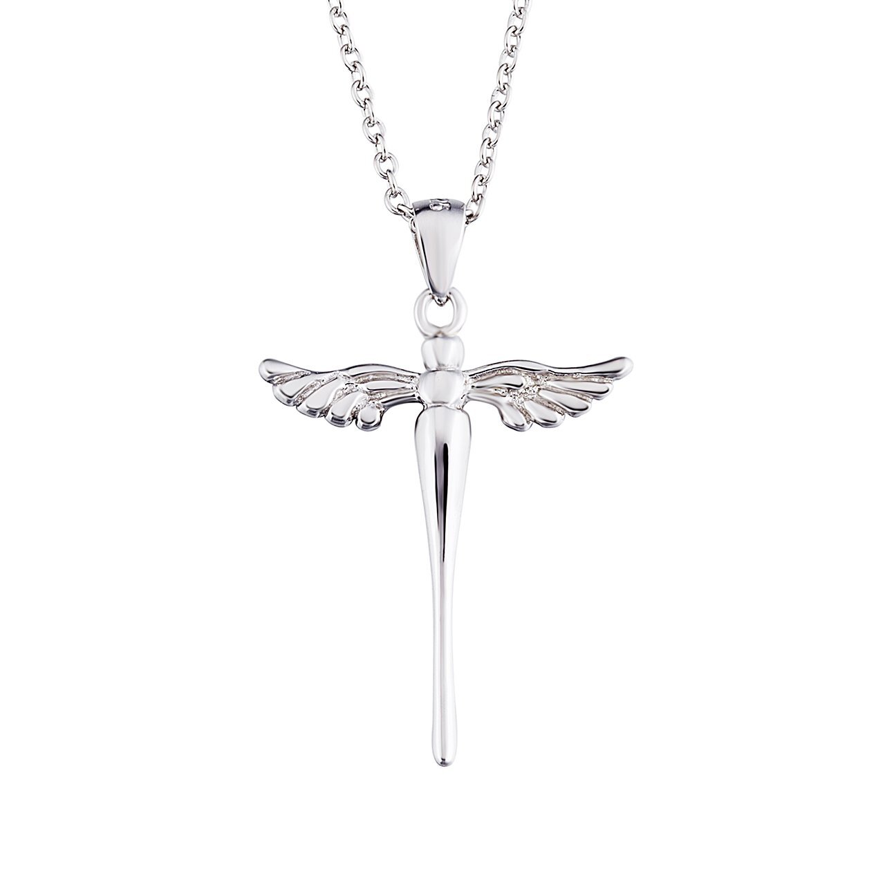 925 Sterling Silver Cross with Angel Wing Charm Pendant Rolo Chain Necklace, 18
