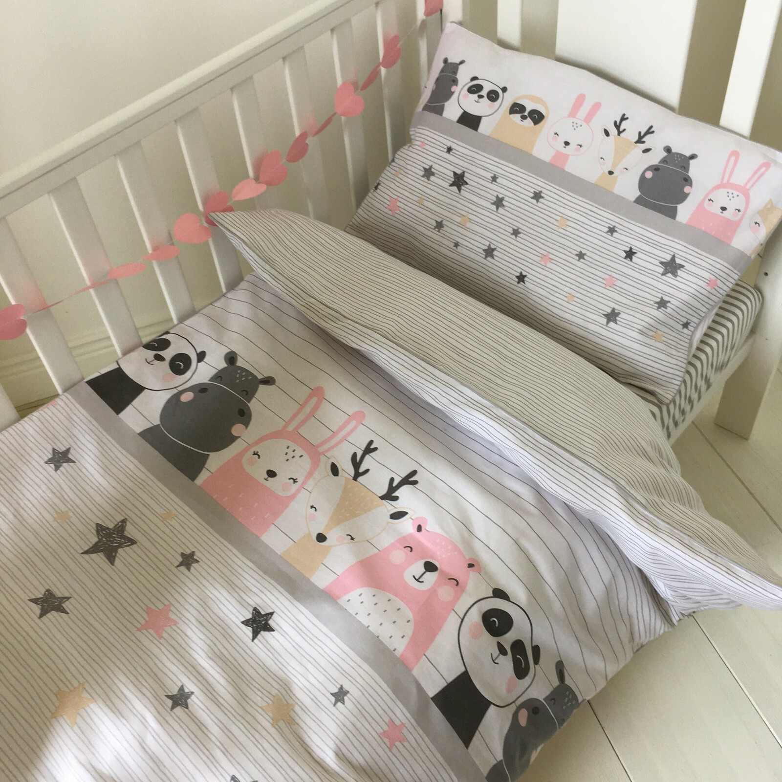 SET LENZUOLA BAMBINA, LENZUOLO ADERENTE, ROSA PASTELLO GRIGIO PURO COTONE foto 3