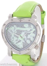 Swiss Master Women Stainless Steel Heart Green Dial & Leather Band Diamond Watch
