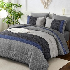 Dinjoy Blue Gray King Size Comforter Set,Striped Boho Bed in a Bag King 7 Pie...