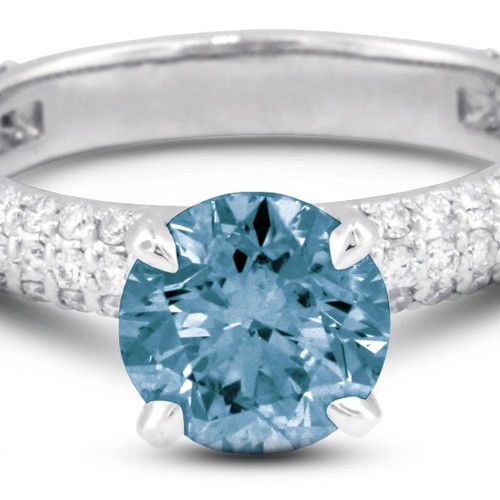 2.87 TCW Blue SI1 Round Cut Natural Certified Diamonds 18k Gold Sidestone Ring - Picture 2 of 10