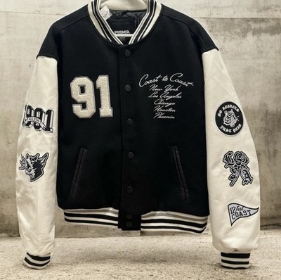 RSQ Varsity Jacket Black White Medium Embroidered Patch Button Closure