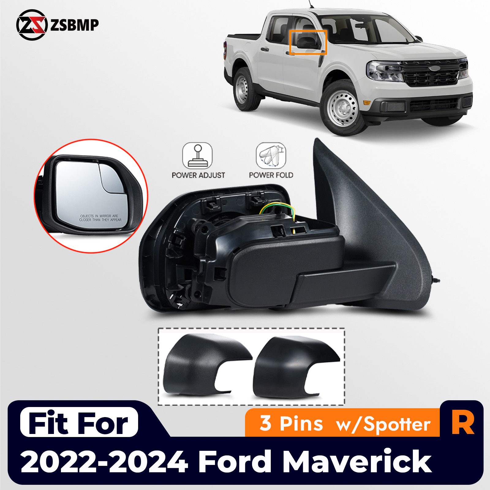 Side Mirror For 2022-2024 Ford Maverick W/Spotter Textured Right Passenger 3 Pin