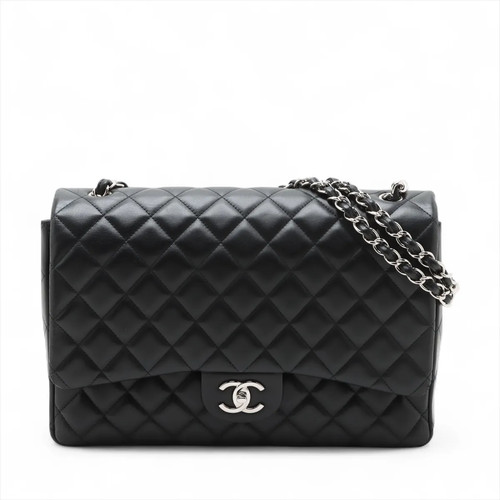 Chanel DEKAMATRASSE 34 Maxi Lambskin Double Flap Double Chain Bag Black Silver M