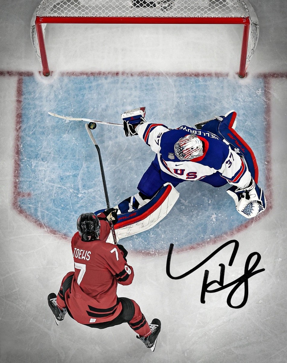 HOT! Connor Hellebuyck Save Against Toews signed Poster, Hockey