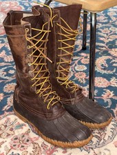 Vtg LL Bean USA Bean Duck Boots 10 EE Brown Leather 14 Tall Lace Up Script 1950