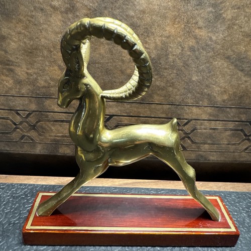 Vintage MCM Genuine Solid Brass Ibex/ Antelope On Wood Base, Felt bottom - Image 1