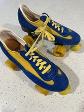 Vintage 70s Blue Yellow Suede Roller Skates US 9 Classic Style Outdoor