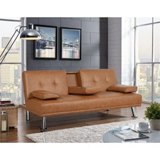 Faux Leather Futon Sofa, Modern Style, Cupholders, Pillows, Metal Frame Couch