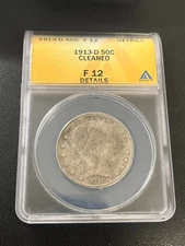 1913 D BARBER HALF DOLLAR  ANACS F-12 DETAILS - BETTER DATE HALF - SLAB - 50C