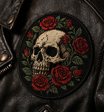 Skull Rose Embroidered Patch Iron-On Gothic Floral Biker Punk