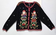Vintage Christmas Cardigan Sweater Mr  Mrs Santa Embroidered Beaded Sz L