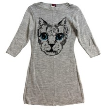 Hot Shot Gray Cat Graphic Knit Sweater Dress 3/4 Sleeve Small USA Made
