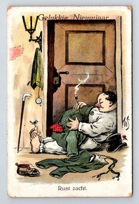 Comic Postkarte: Deutsche betrunken zu Neujahr. ''Rost Zacht''. Unbespielt.
