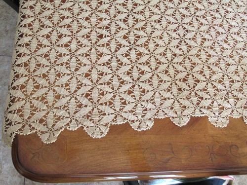 Vintage Handmade Beige CROCHET LACE TABLECLOTH Coverlet Bed Topper 59"x79" - Picture 4 of 14