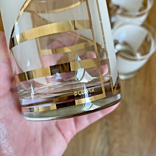 THREE Vintage Culver Double Rocks Glasses Art Deco Striped Gold Frosted Large - Picture 2 of 5