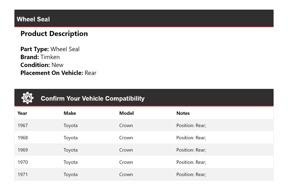 Sello de rueda trasero Timken 1968 1969 1970 Toyota Crown 1967-1971 Foto 2 de 4