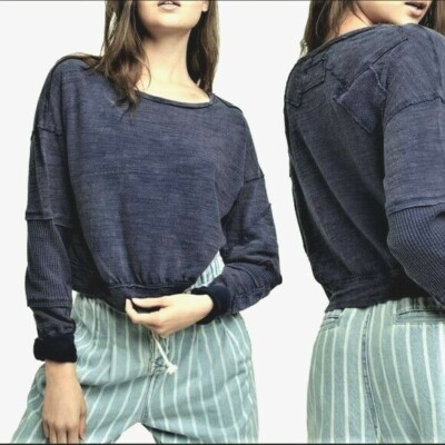 Free People NWT We the Free Vanguard 100% Cotton Terry Sweatshirt BLUE SZ S $98