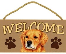 GOLDEN Retriever WELCOME-Wooden Plaque- 5" by 10"