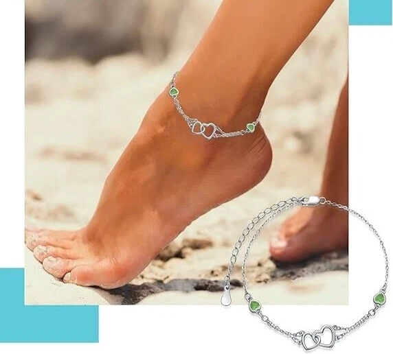 Beautiful Dual Heart Interlocking Charm With 0.50CT Heart Peridot Chain Anklet - Image 2 of 4