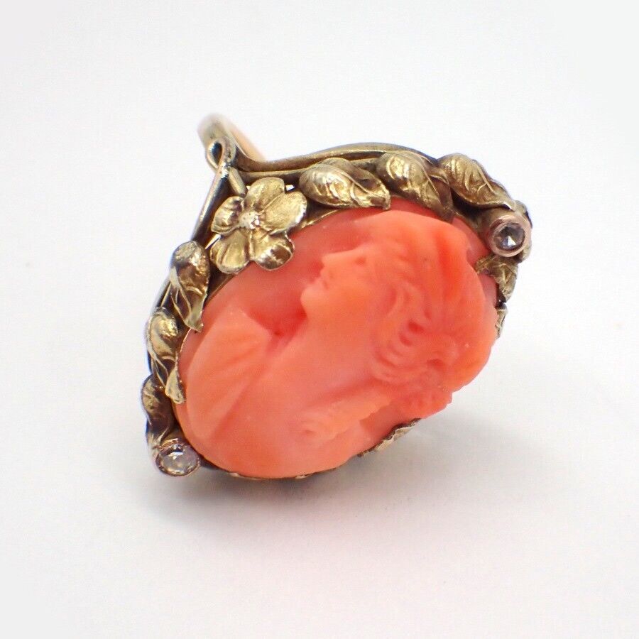 Art Nouveau Coral Cameo Ring Diamond Accents 14K … - image 2