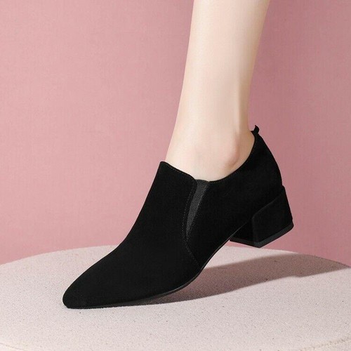 Zapatos informales de primavera negros con punta puntiaguda con tacón de bloque para mujer - Imagen 2 de 12
