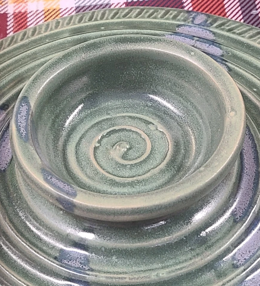 Candelabro de gres cerámica arte estudio vintage patrón de remolino verde 9x2" Foto 3 de 4
