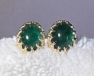Zambian Emerald Cabochon Stud Earrings 14KYG -FREE SHIPPING