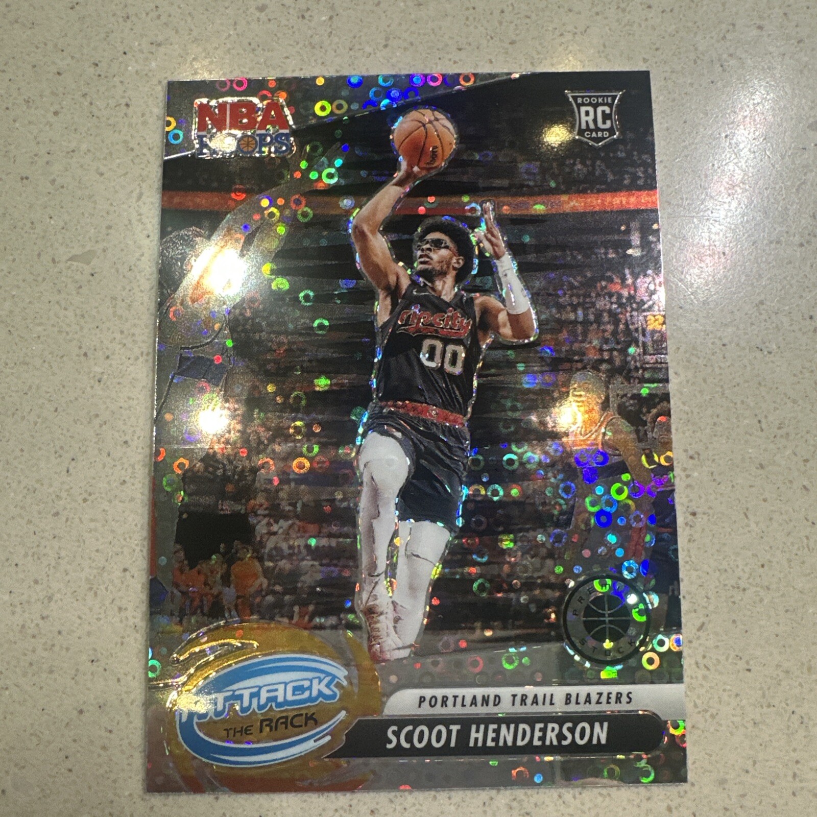2023-24 Hoops Premium Stock - Attack The Rack Disco Prizm #6 Scoot Henderson RC