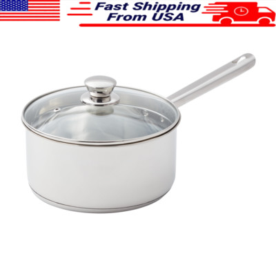 Stainless Steel Saucepan W/ Straining Lid & Tri-Ply Base Cooking Pot 3 Qt