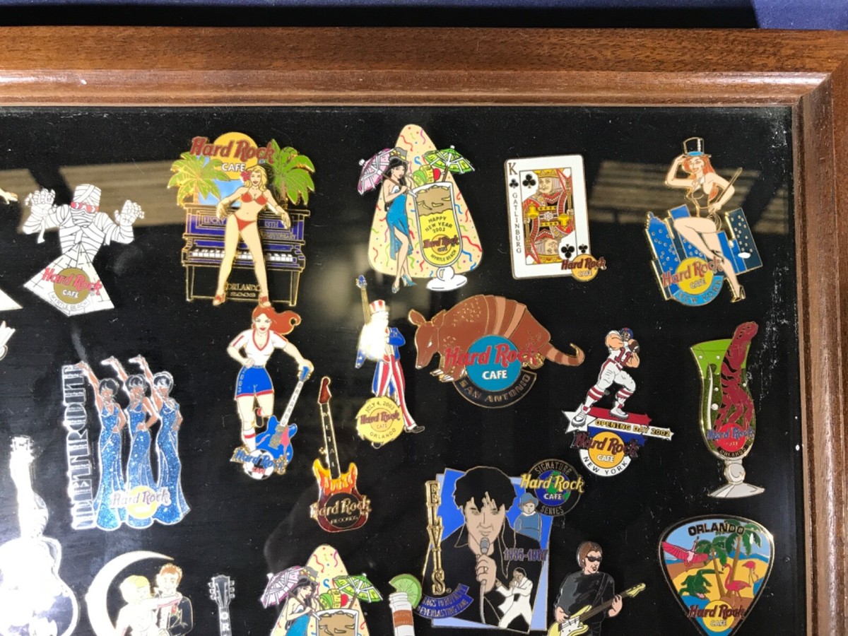 S2-95 HARD ROCK CAFE PINS - 67 PIN LOT IN GLASS / WOOD CASE S2-95 HARD ROCK CAFE PINS - 67 PIN LOT IN GLASS / WOOD CASE