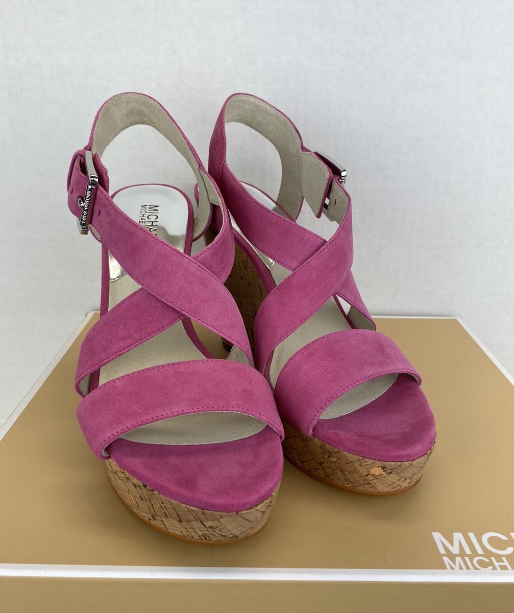 Michael Kors Giovanna Wedge Suede Leather Platform Fuchsia Sandals