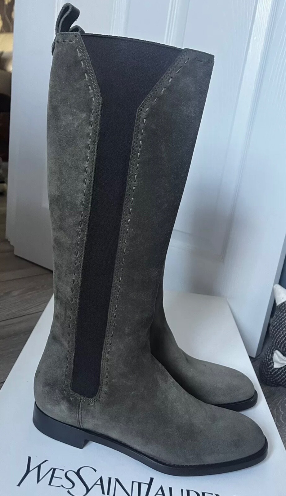 Stivali al ginocchio Yves Saint Laurent scamosciati kaki UK 4 5 nuovi