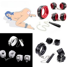 PU Leather Padded Neck Collar Wrist Hand Ankle Cuffs Restraint Set Couples