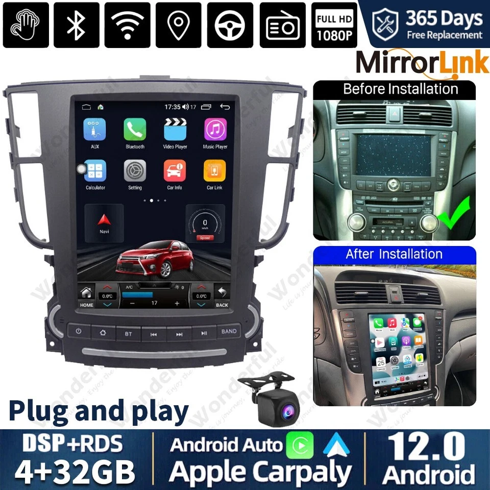 Radio de coche 10,4" 4+32 GB estéreo Carplay GPS navegación AHD para Honda Acura TL 2004-2008 Foto 2 de 4