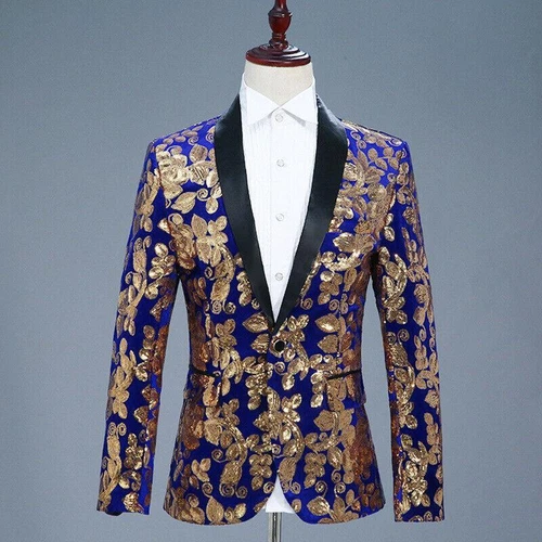 Men Sequin Shawl Lapel Suit Jacket Velvet Floral Blazer Wedding Prom Coat Tops - Picture 17 of 21