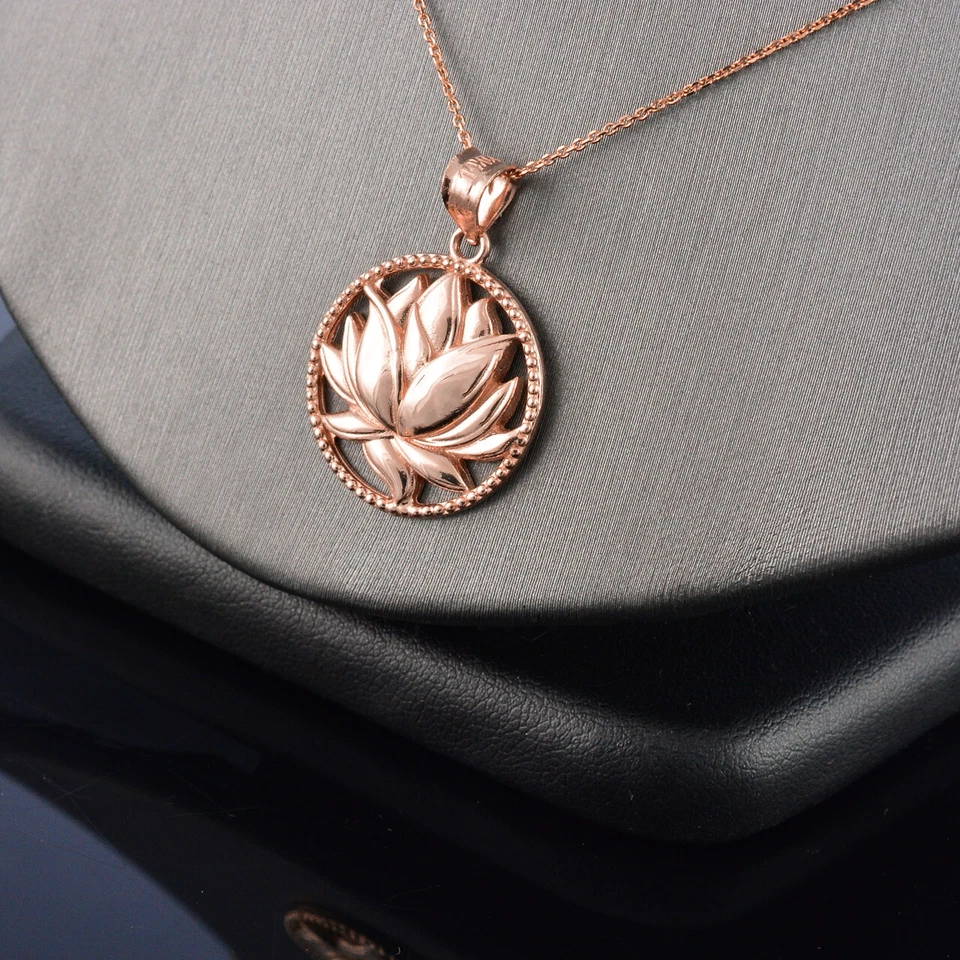 Gold Lotus Flower in Circle Yoga Pendant Necklace | 10k 14k Yellow White Rose - Image 3 of 4
